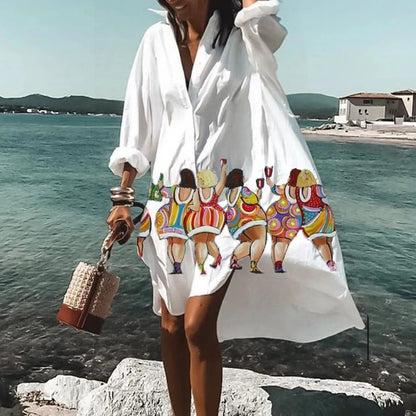 Women's Printed Shirt Dress Long Sleeve Collar