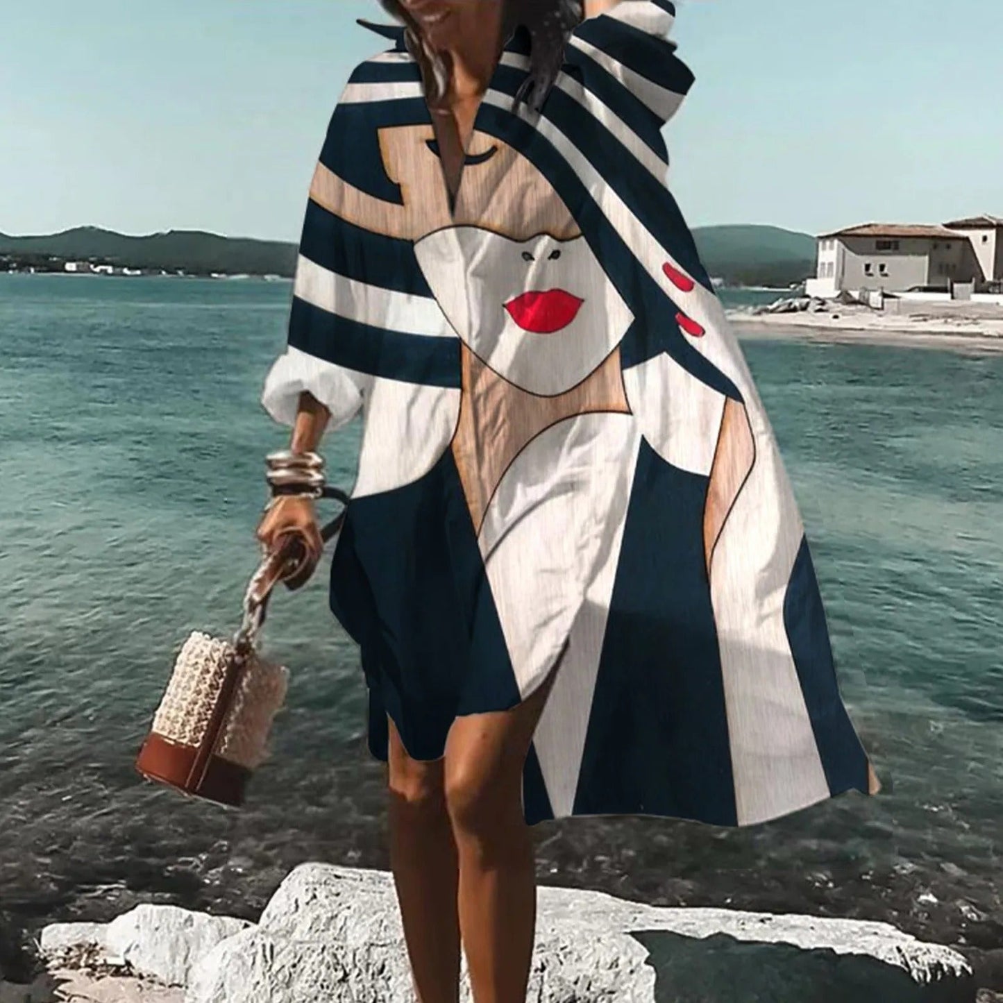 Women's Printed Shirt Dress Long Sleeve Collar