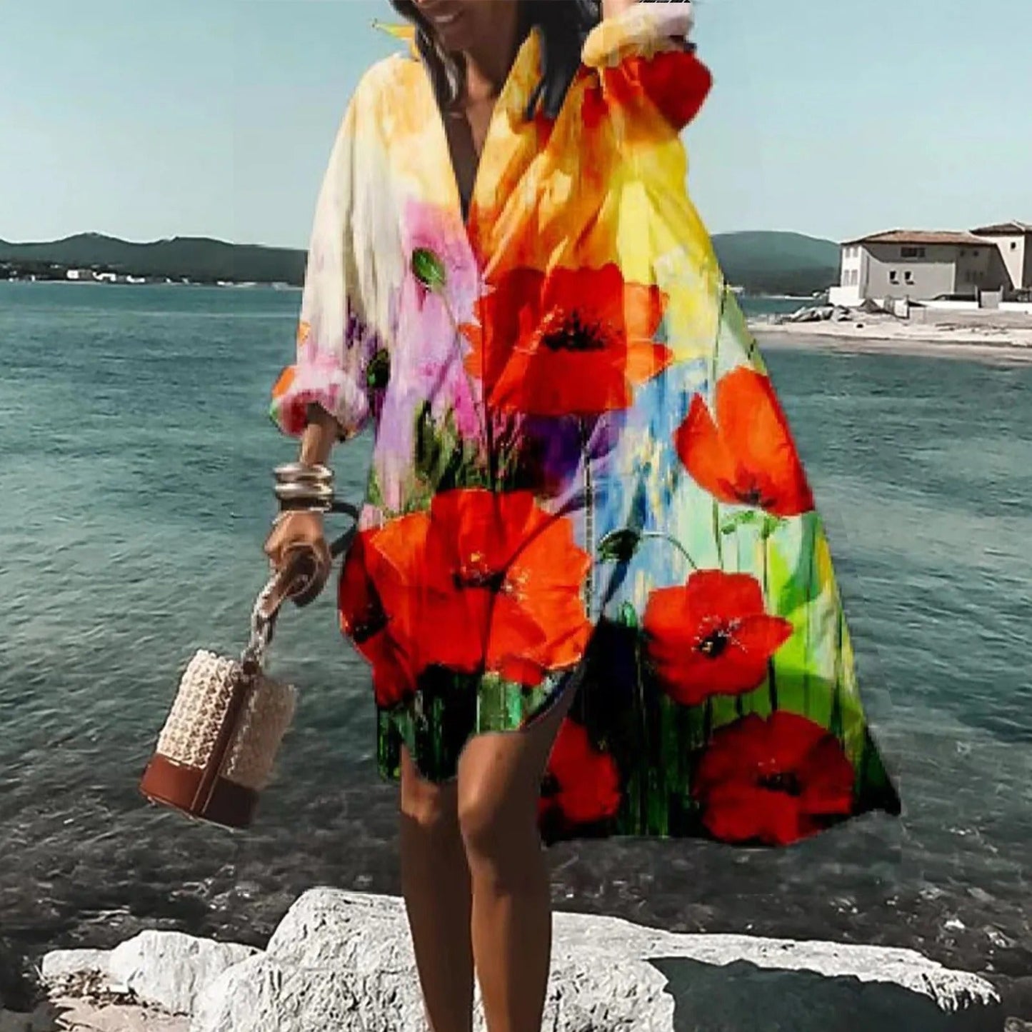 Women's Printed Shirt Dress Long Sleeve Collar