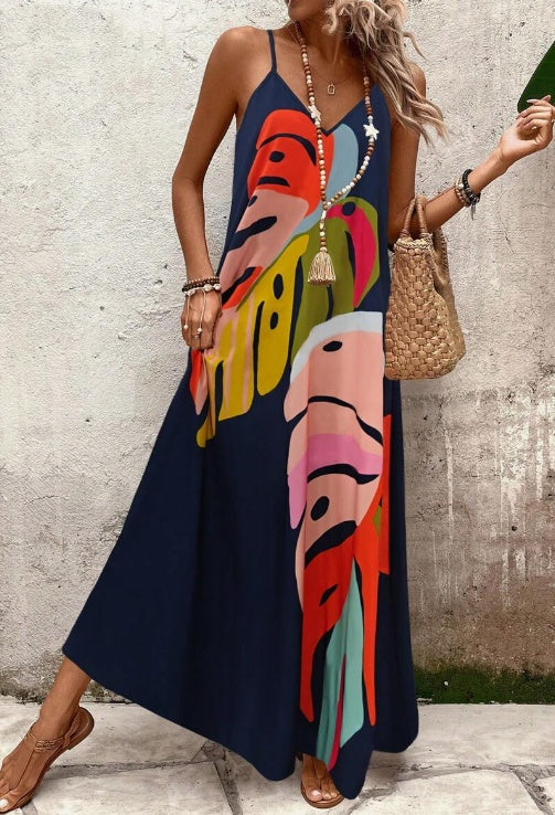 Women's V-Neck Tropical Print Dress