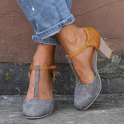 Women's Block Heel T-Strap Shoes - VibreMode