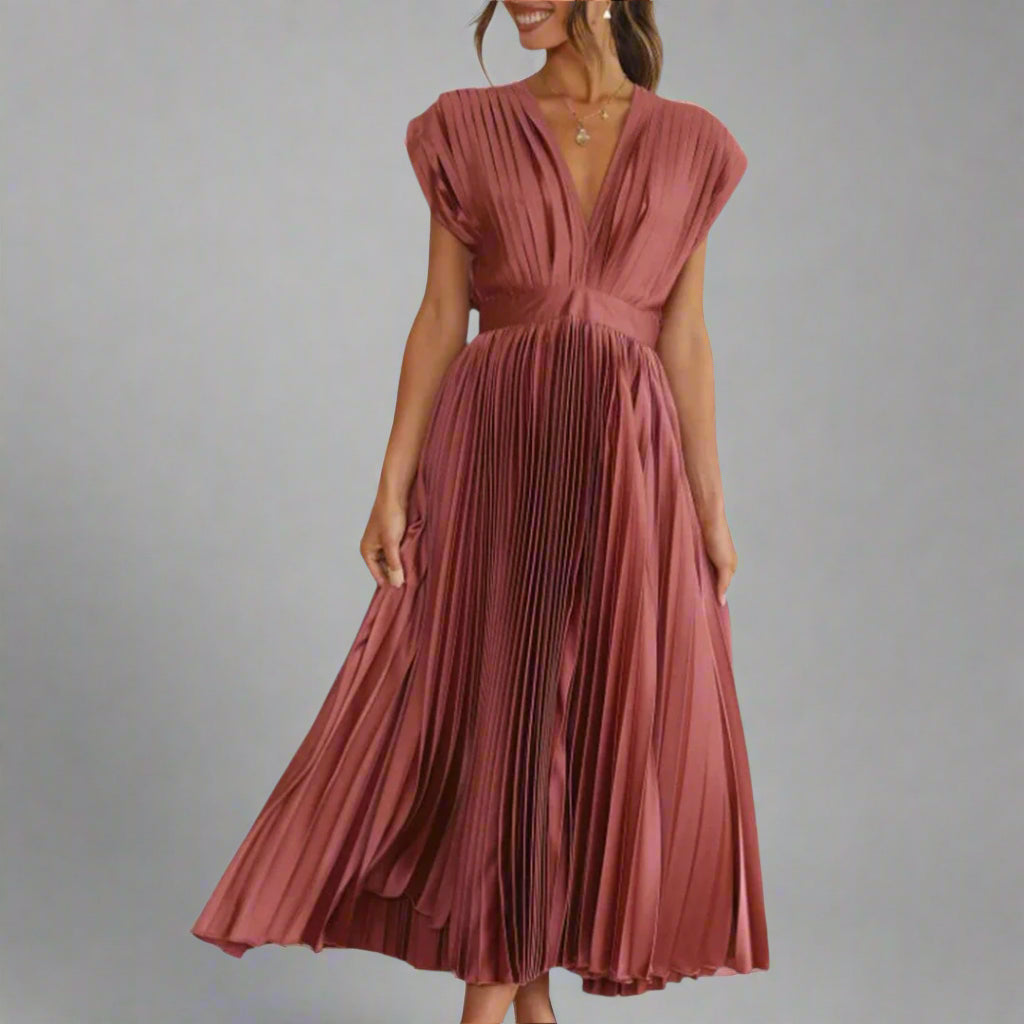 Image of Dorothy | Women's Pleated V-Neck Midi Dress