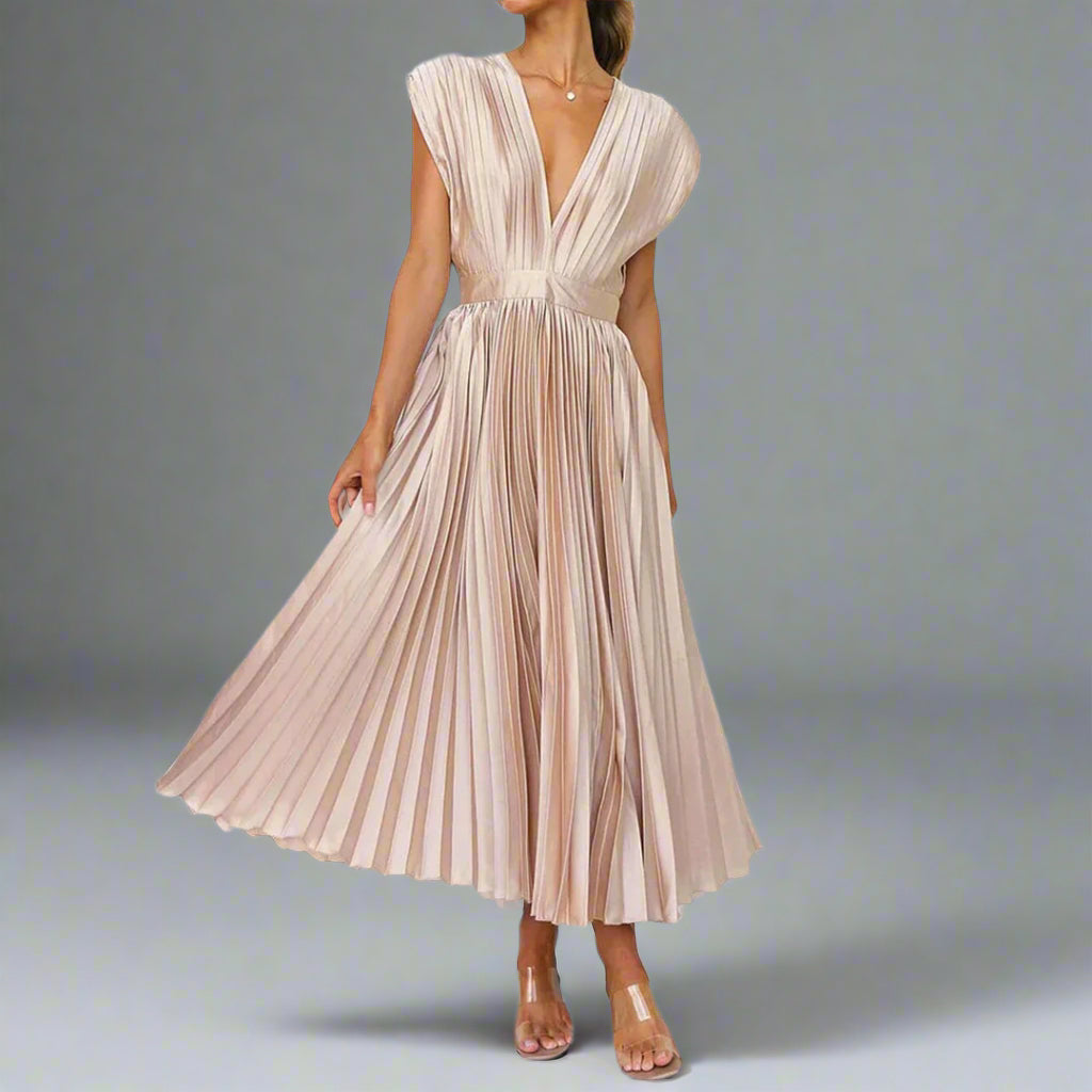 Women's Pleated V-Neck Midi Dress - VibreMode