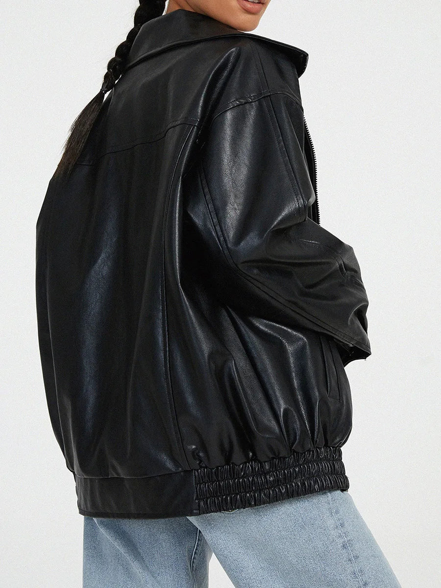 Women's Leather Bomber Jacket Oversized Zipper Black