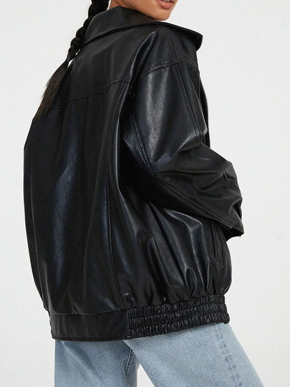 Women's Leather Bomber Jacket Zipper Front Black