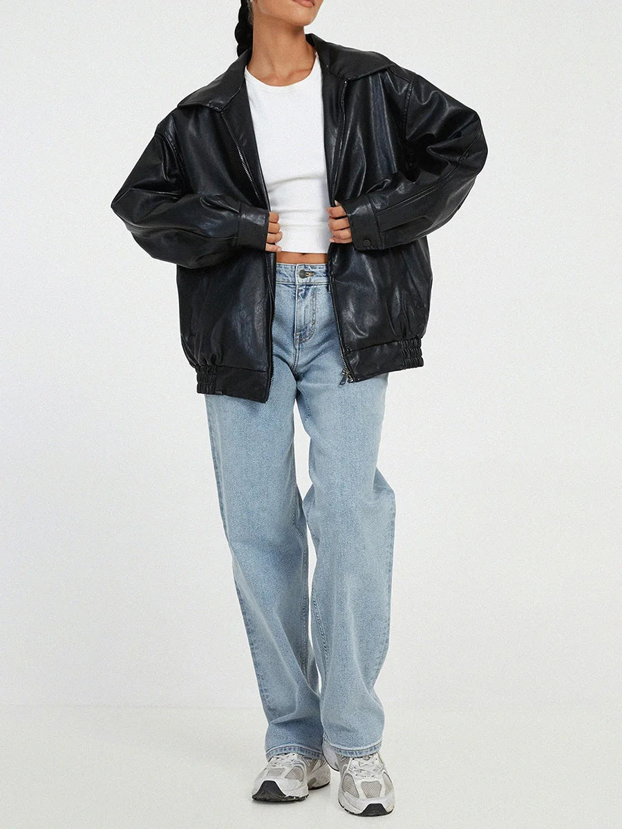 Women's Leather Bomber Jacket Zipper Front Black - VibreMode