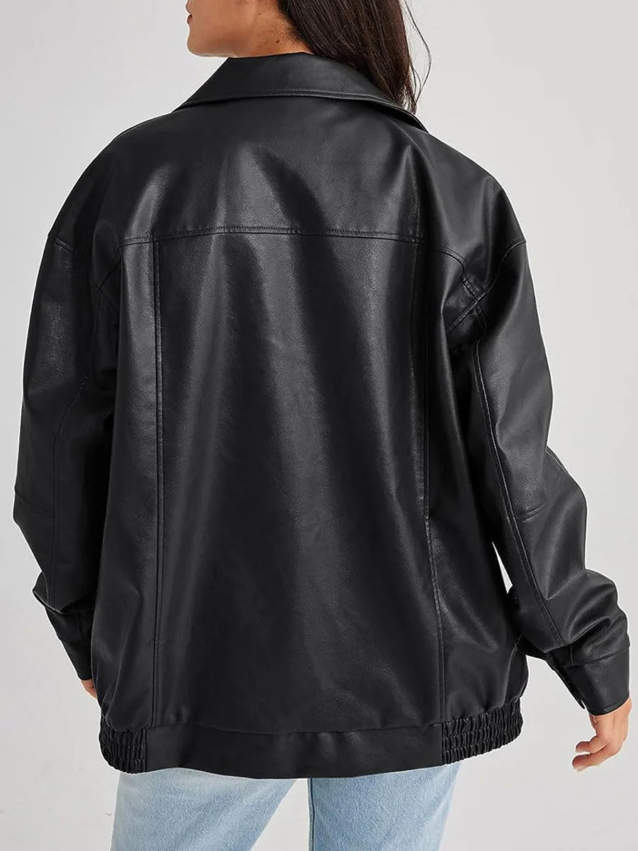 Women's Leather Bomber Jacket Zipper Front Black