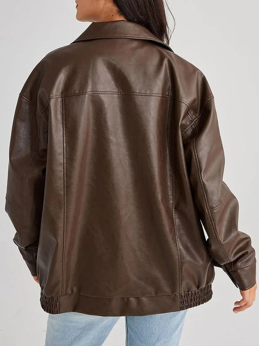 Women's Leather Bomber Jacket Zipper Front Black