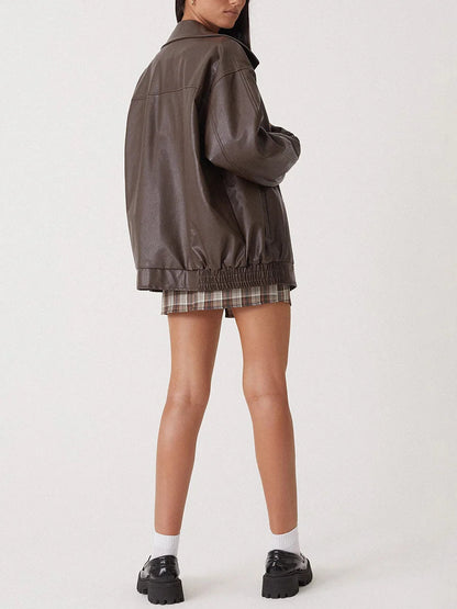 Women's Leather Bomber Jacket Zipper Front Black