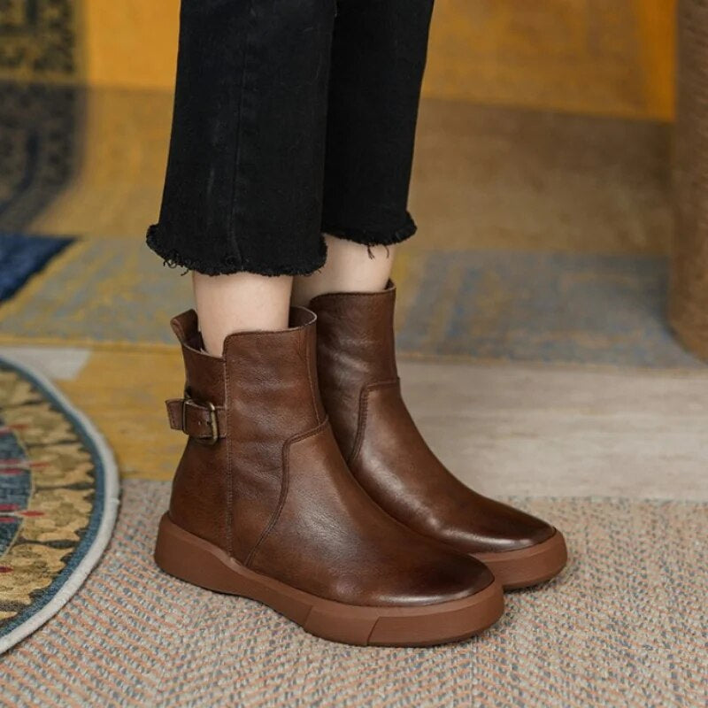 Women's Mid-Ankle Boots Side Buckle Flat Sole Comfortable - VibreMode