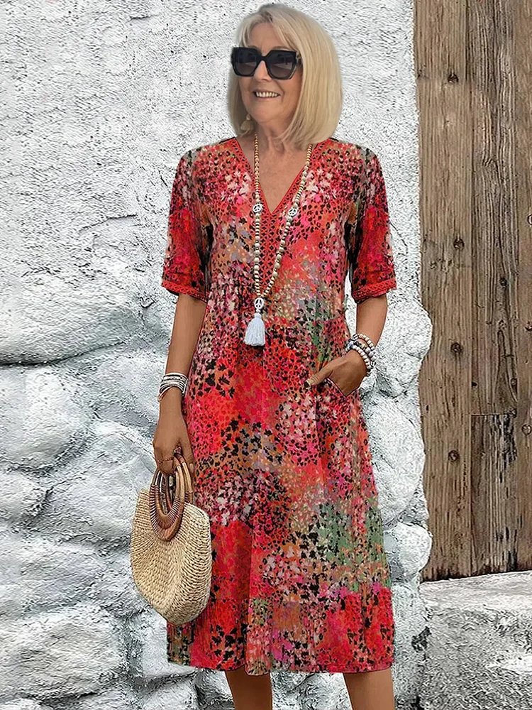 Women's V-Neck Colorful Dress - VibreMode