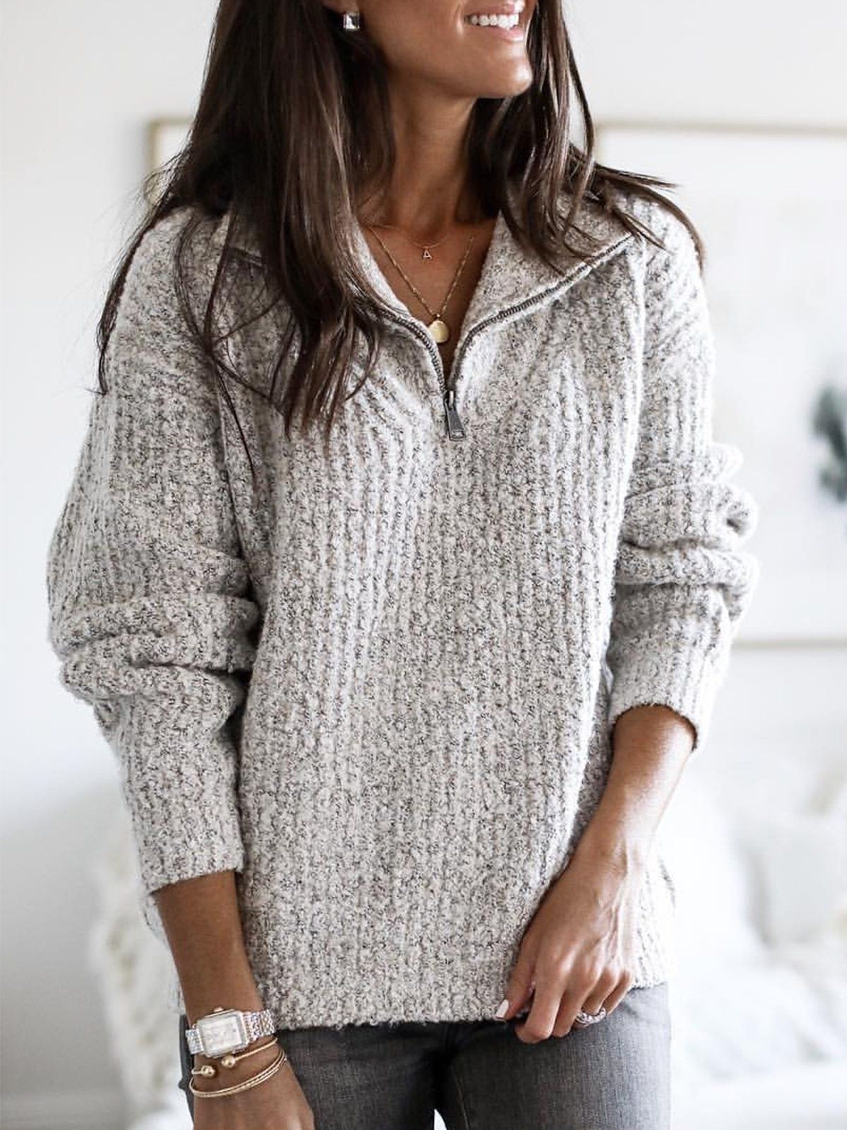 Women's Relaxed Fit Half Zip Sweater Textured Knit Beige