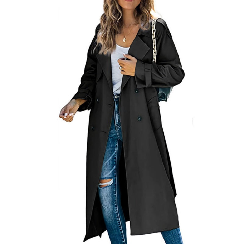Women's Double-Breasted Trench Coat Belted Cuffs - VibreMode