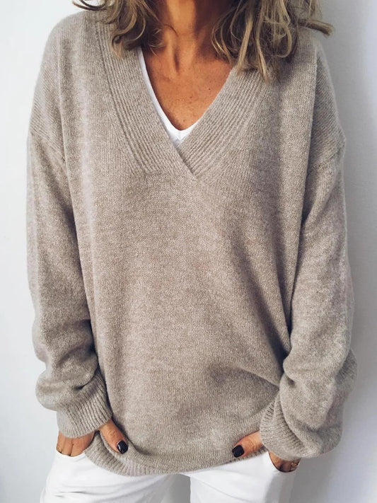 Women's V-Neck Long-Sleeve Sweater Solid Apricot - VibreMode