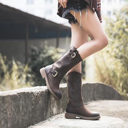 Women's Mid Calf Boots Buckle Brown