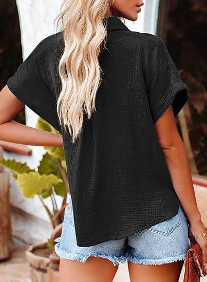 Women's Short Sleeve Blouse Cotton Crinkled White