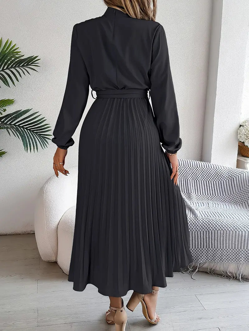 Women's Pleated Midi Dress Belted Waist