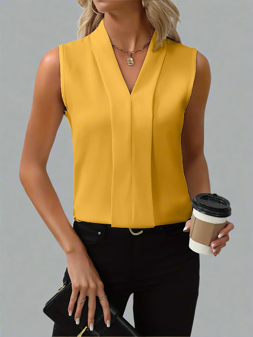 Women's V-Neck Sleeveless Blouse Pleated Front