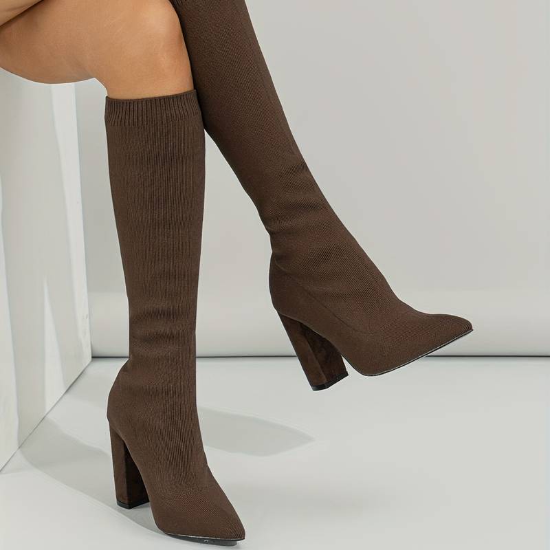Women's Pointed Toe Booties Block Heel Knee High Boots