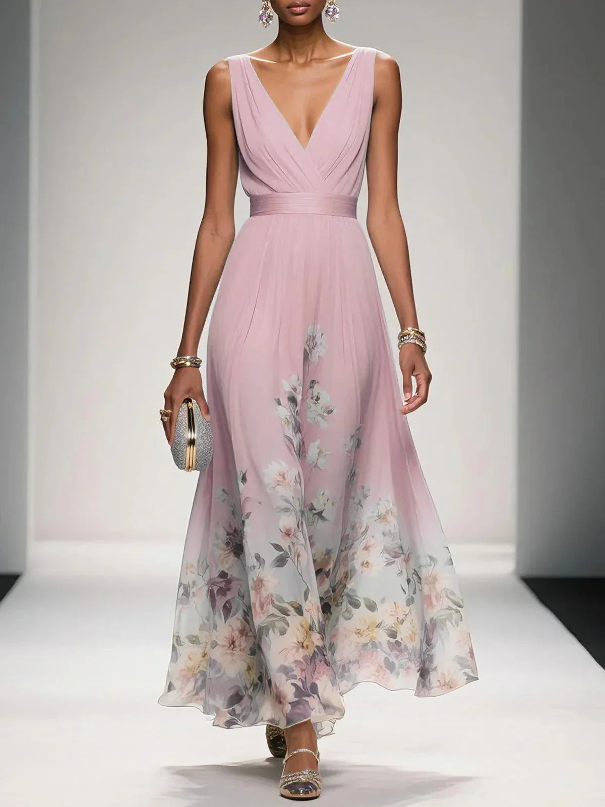 Women's Floral Maxi Dress Sleeveless V-Neck Wide Straps