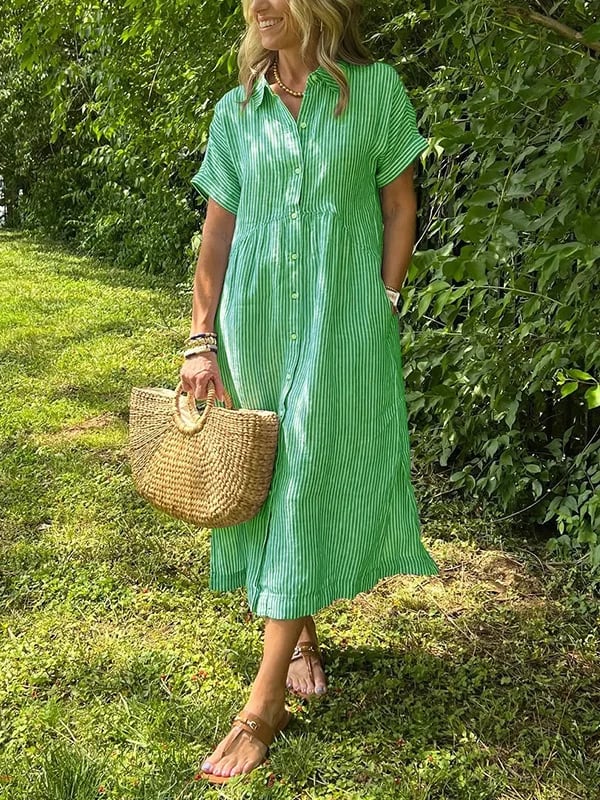 Women's Casual Midi Dress Short Sleeve Button Front