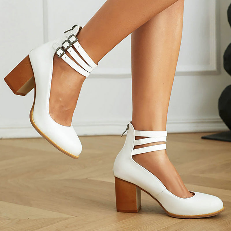 Women's Ankle Strap Sandals Smooth Leather Thick Heel