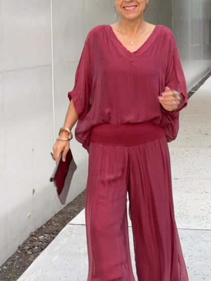 Women's V-Neck Jumpsuit Wide Leg Batwing Sleeve Two Piece
