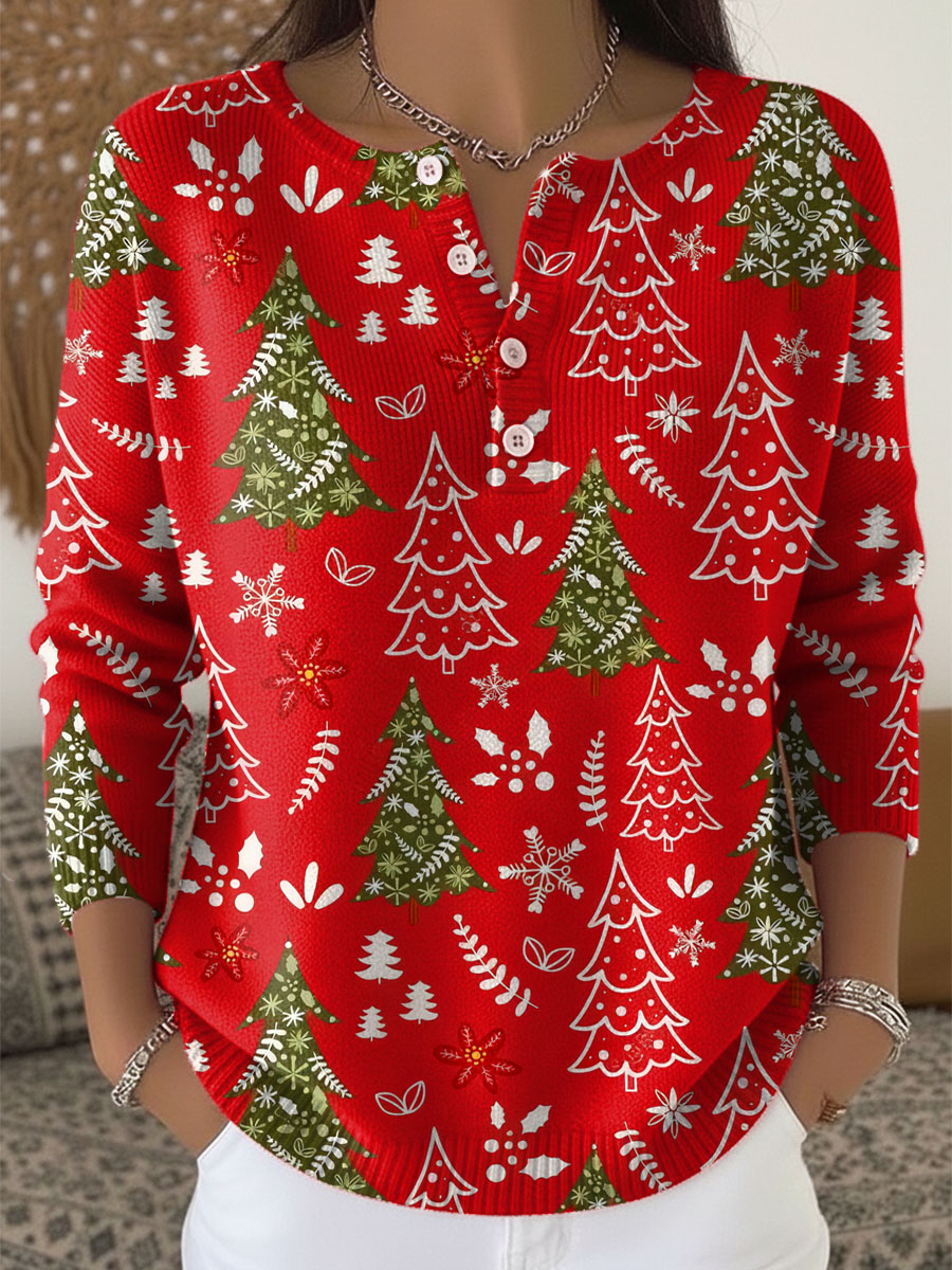 Women's Holiday Print Blouse Button Front
