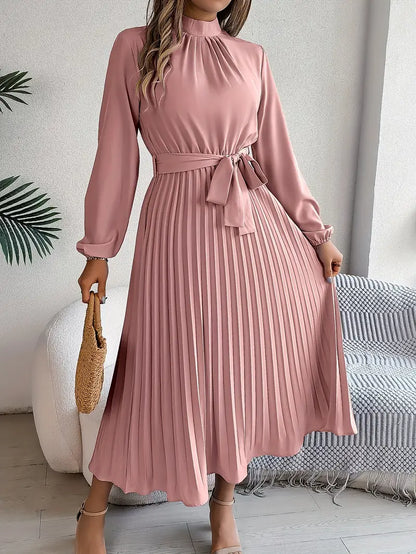 Women's Pleated Midi Dress Belted Waist