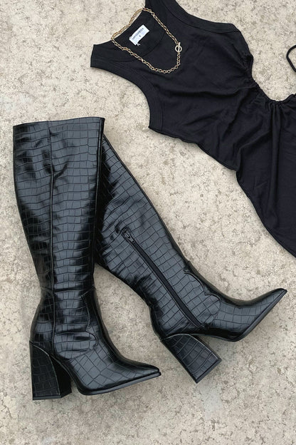 Women's Knee-High Boots Black Crocodile Leather