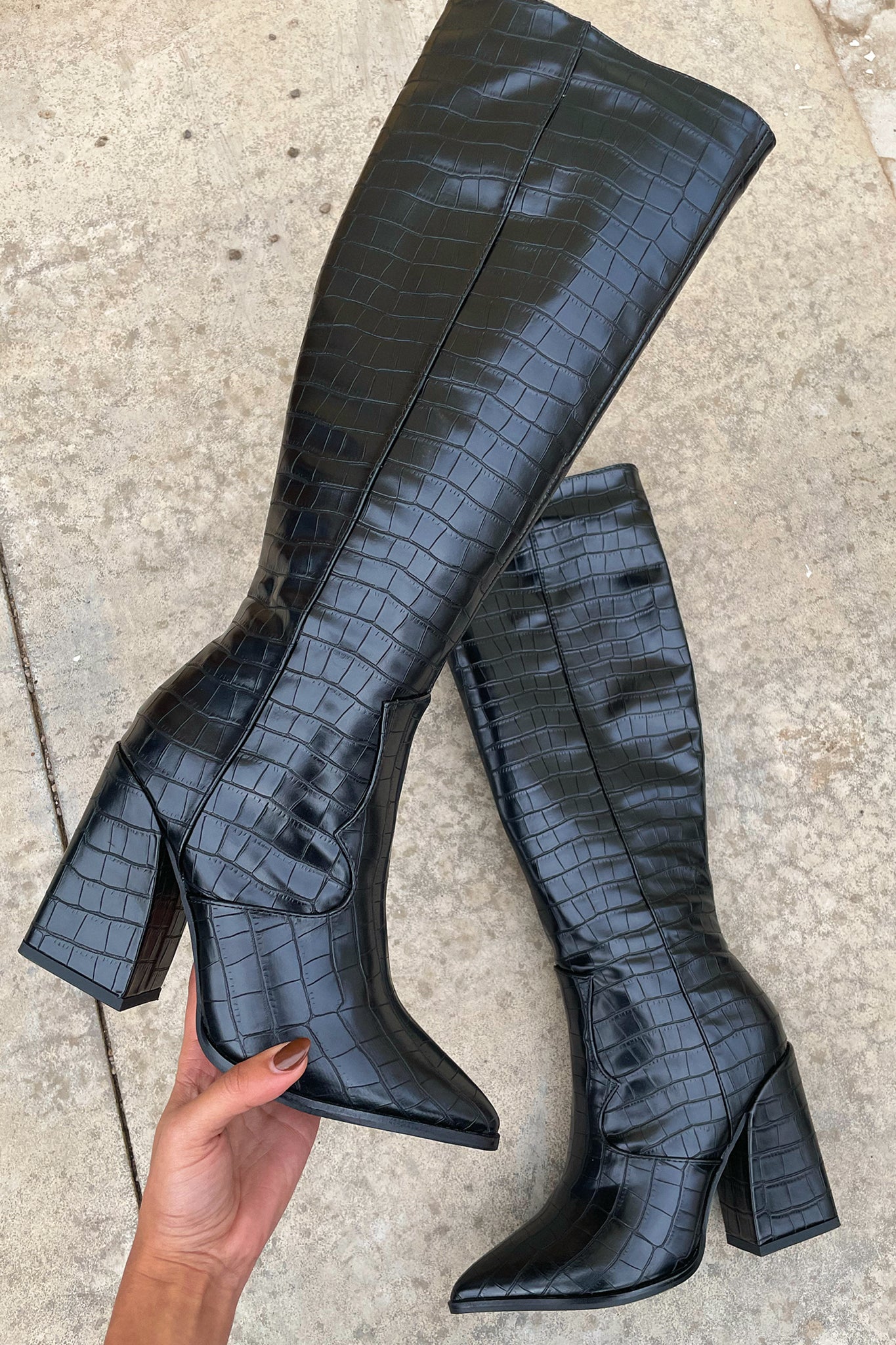 Women's Knee-High Boots Black Crocodile Leather
