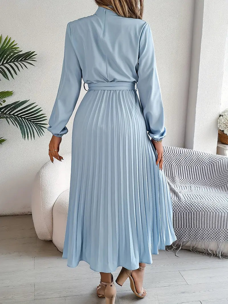 Women's Pleated Midi Dress Belted Waist