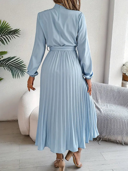 Women's Pleated Midi Dress Belted Waist