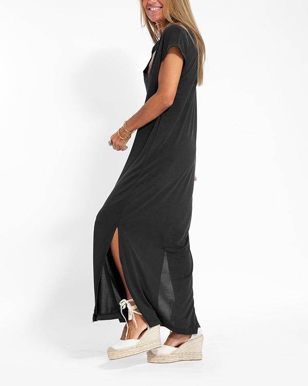 Women's V-Neck Maxi Dress Short Sleeve Coral