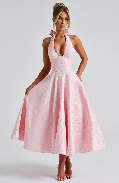 Women's V-Neck Midi Dress Jacquard Skirt