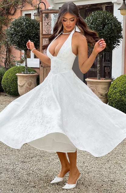 Women's V-Neck Midi Dress Jacquard Skirt