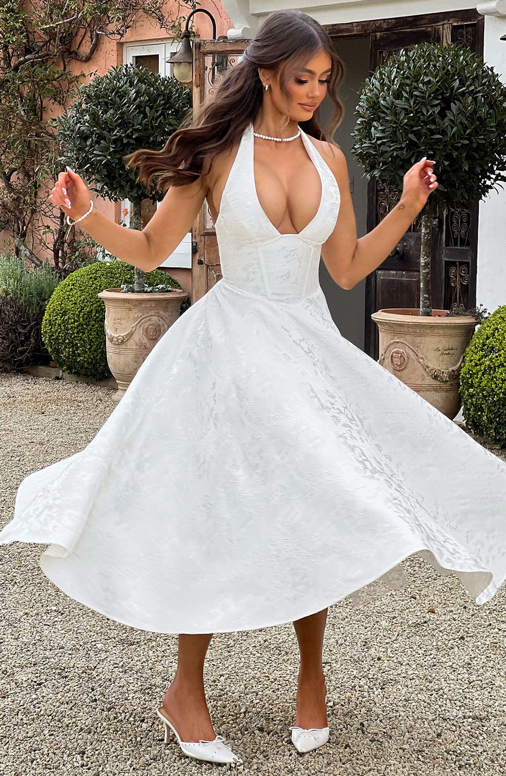 Women's V-Neck Midi Dress Jacquard Skirt
