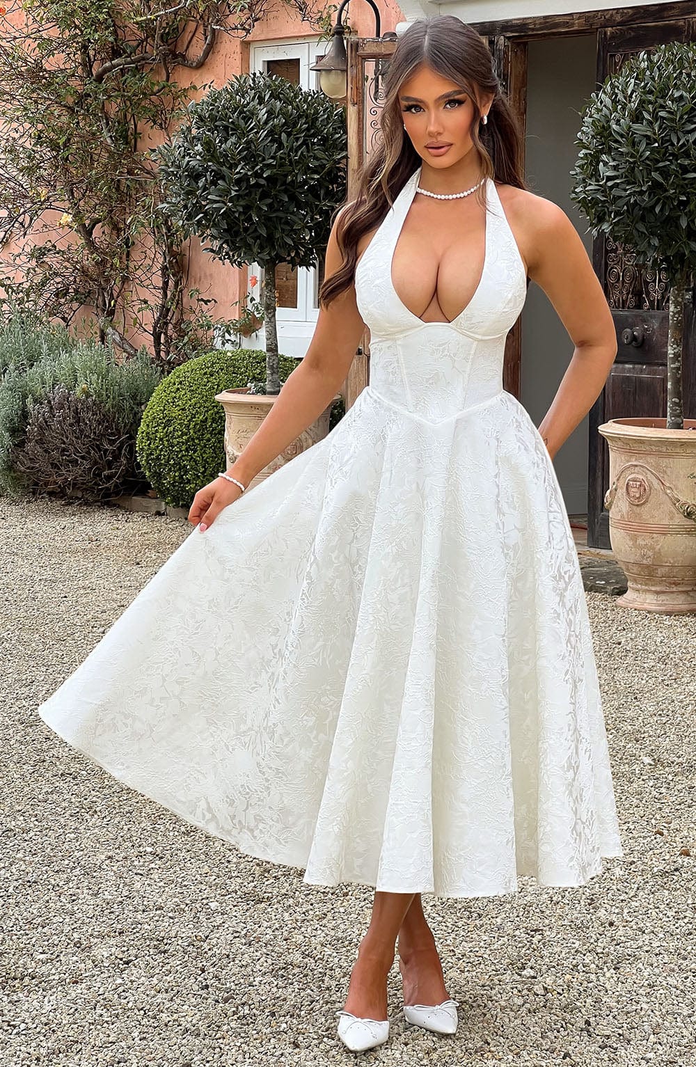 Women's V-Neck Midi Dress Jacquard Skirt