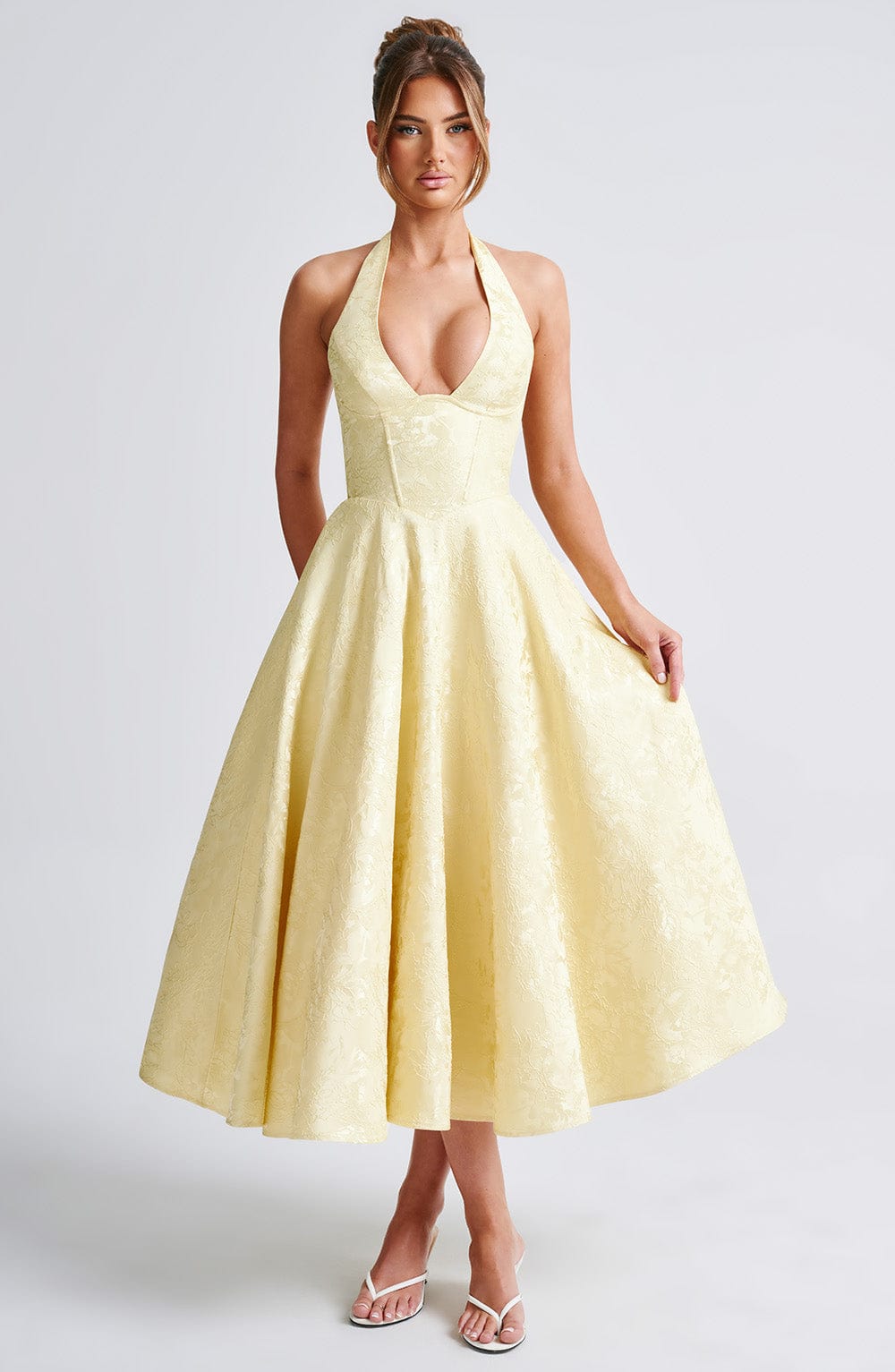 Women's V-Neck Midi Dress Jacquard Skirt