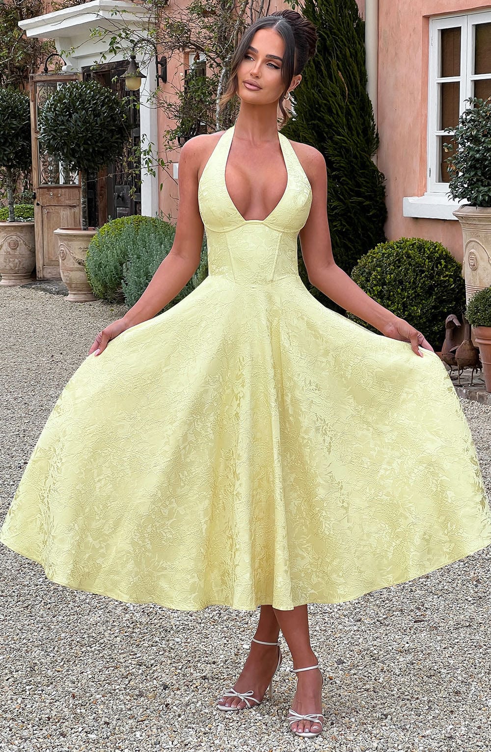 Women's V-Neck Midi Dress Jacquard Skirt