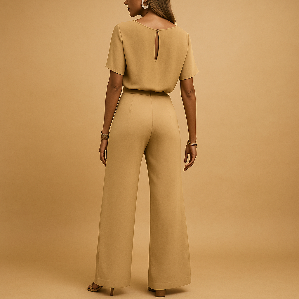 Woman wearing an elegant formal jumpsuit with a tailored fit and flowing sleeves, suitable for galas, weddings, and stylish evening occasions.