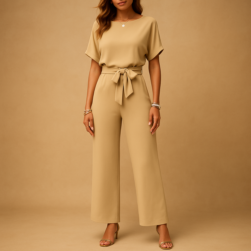 Woman wearing an elegant formal jumpsuit with a tailored fit and flowing sleeves, suitable for galas, weddings, and stylish evening occasions.