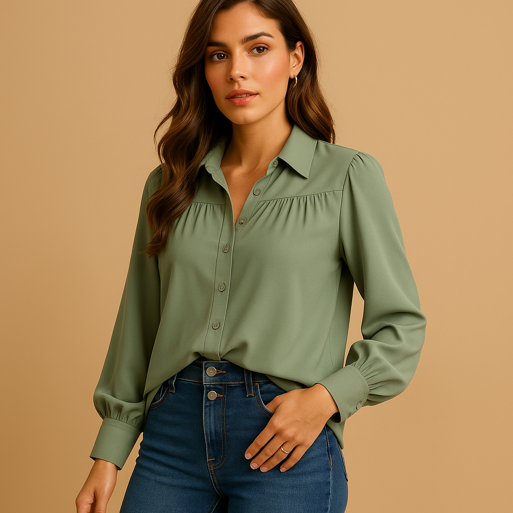 Women’s elegant lantern sleeve blouse with a solid design and comfortable fit, suitable for work, casual outfits, and everyday wear.