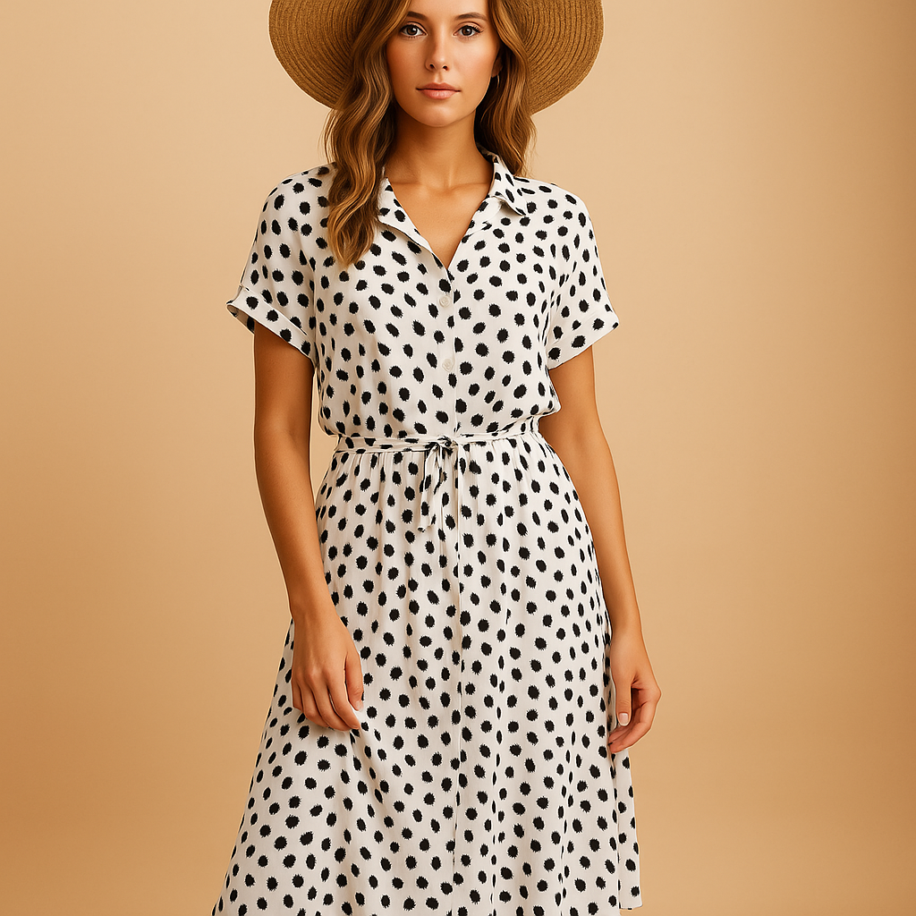 Women’s elegant midi dress with short sleeves and flattering fit, perfect for office wear, formal events, and everyday outfits.