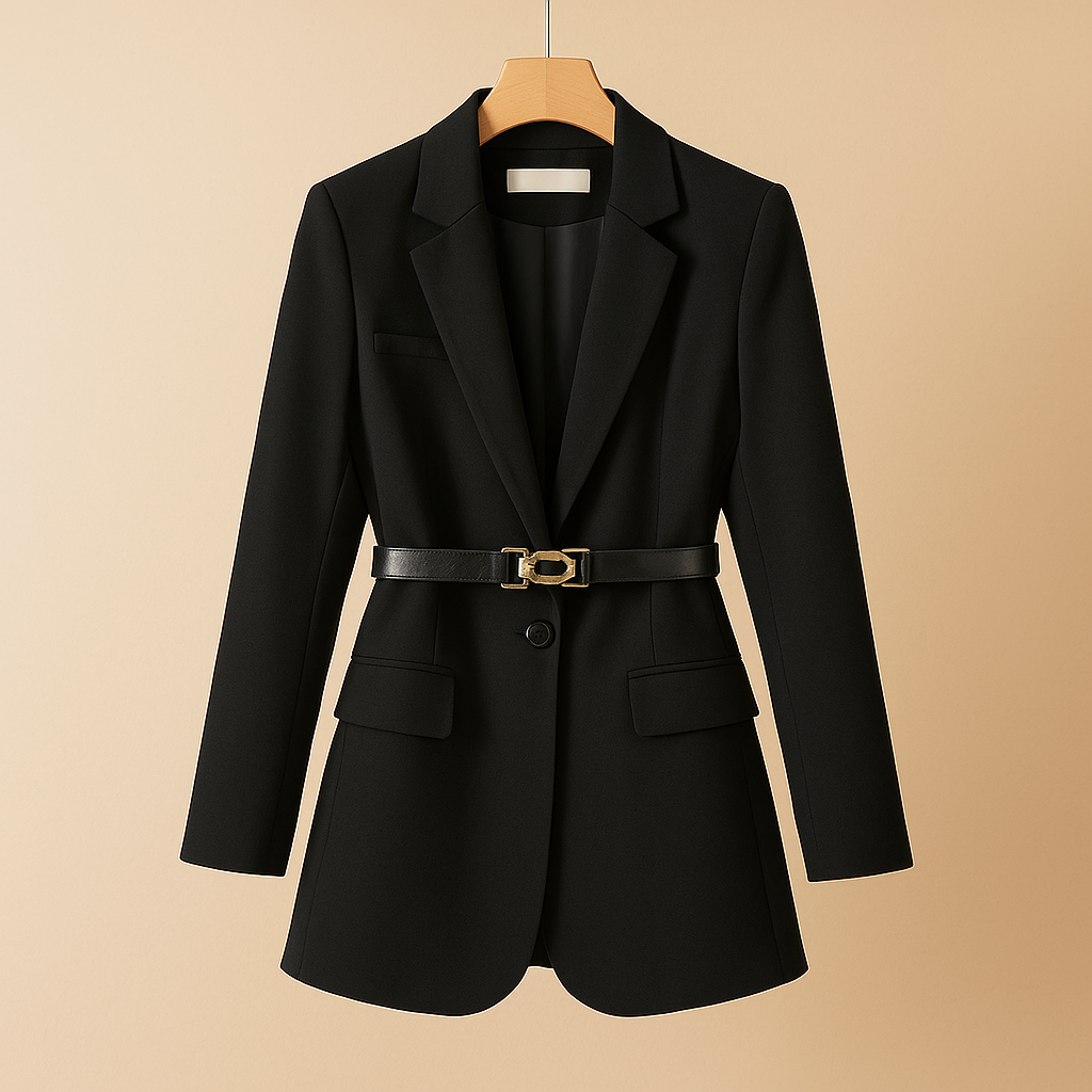 Elegant tailored blazer for women with a fitted silhouette and minimalist design, perfect for work, business occasions, or evening wear.