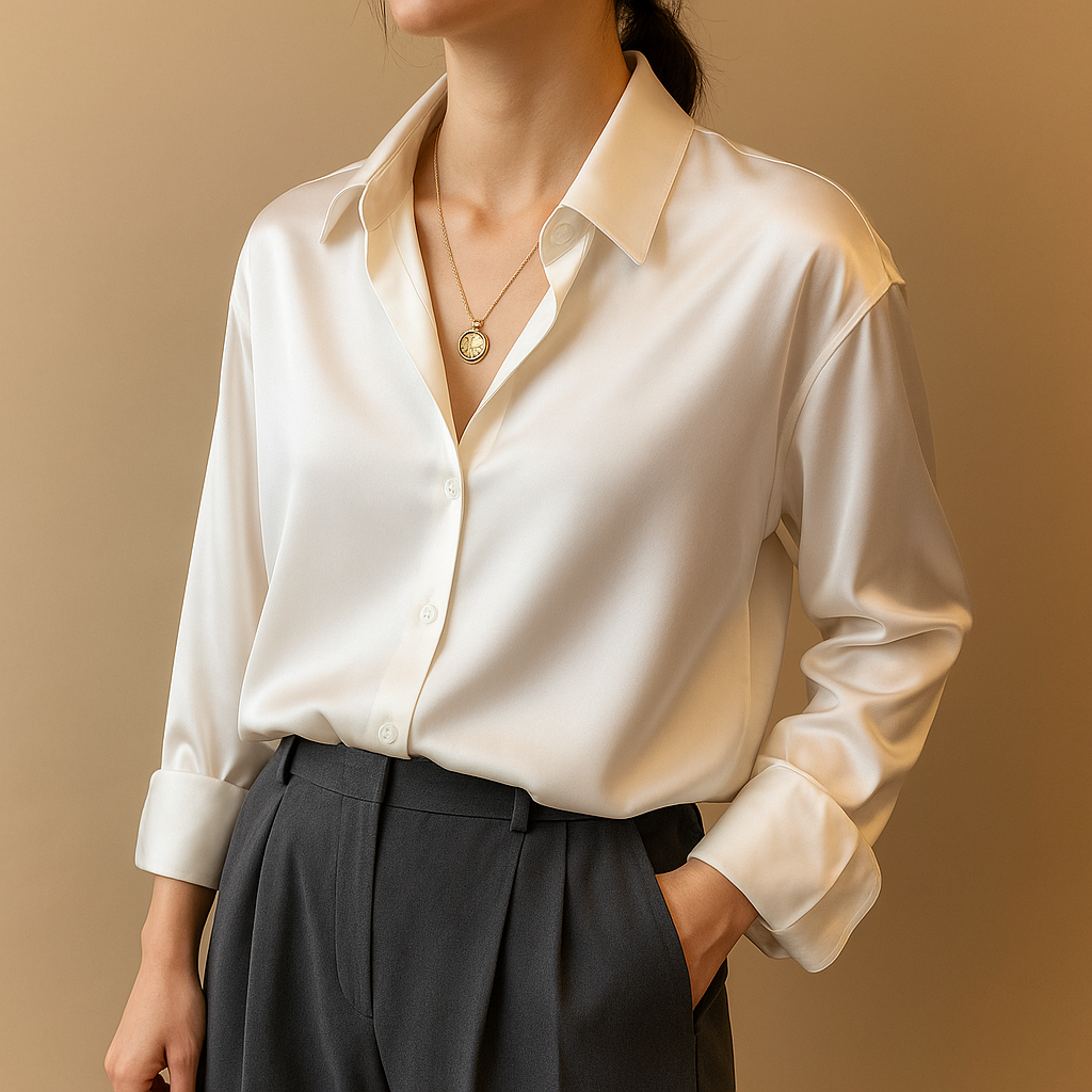 Women’s elegant v-neck blouse with collar and button closure, featuring a lightweight airy fit for work, casual wear, and formal occasions.