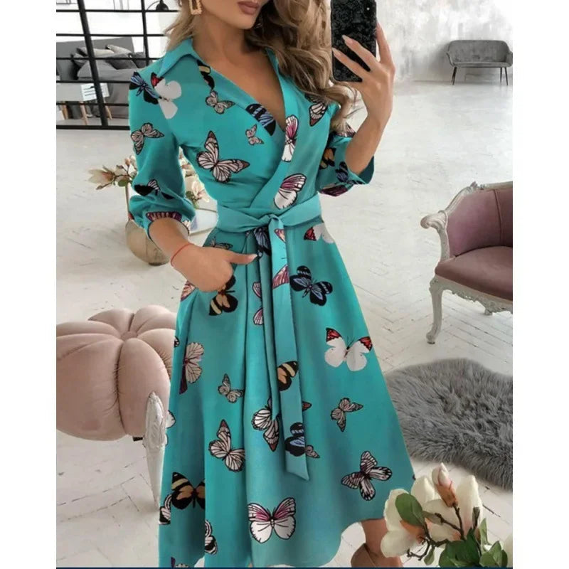 Women's A-Line Midi Dress Tie Waist - VibreMode