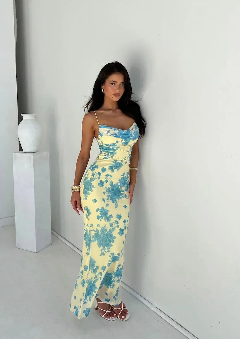 Women's Sleeveless Floral Maxi Dress Slim Fit Yellow