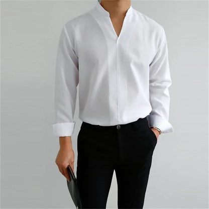 Men's Long Sleeve Mandarin Collar Casual Shirt - VibreMode