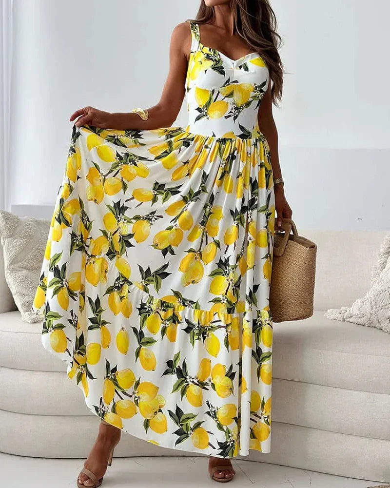 Women's Strappy Lemon Print Sundress - VibreMode